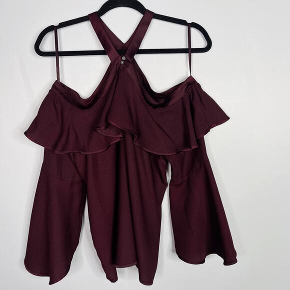 New LOFT M Burgundy Red Ruffle Off The Shoulder Halter Blouse Top Bell Sleeve - Picture 2 of 13